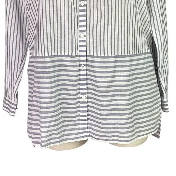 J Jill Fit Top Women L Gray White Cotton Stripe Roll Tab Sleeve High Low Tunic - Picture 3 of 11